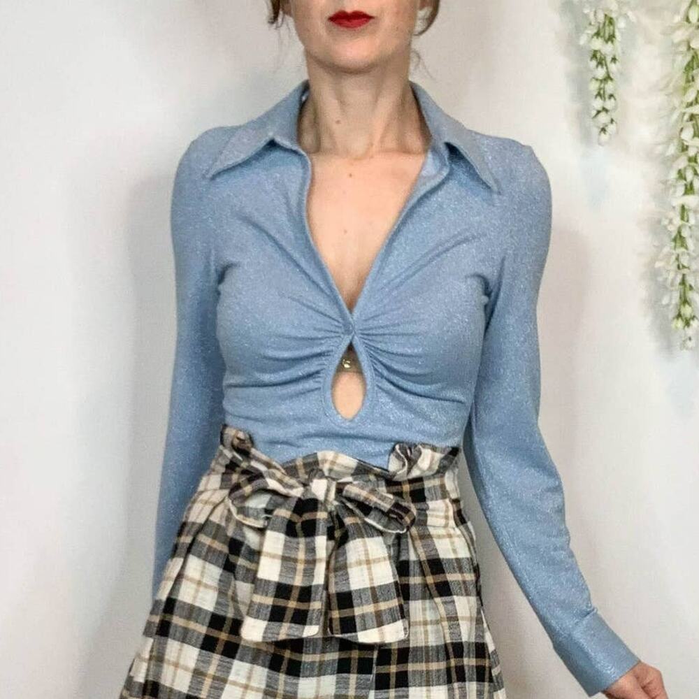 NWT ZARA long sleeve collared top keyhole cutout v-neck glitter y2k 90s 2928